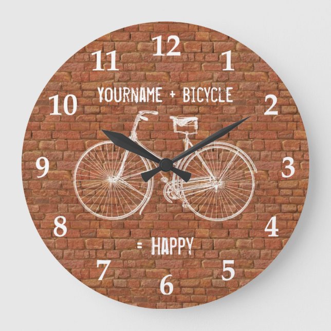 Reloj Redondo Grande You Plus Bicycle Equals Happy Antique Red Bricks (Anverso)