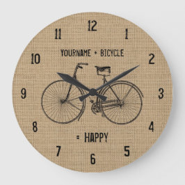 Reloj Redondo Grande You Plus Bicycle Equals Happy Natural Burlap Sack