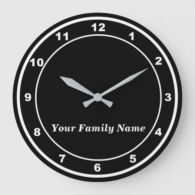 Reloj Redondo Grande Your Family Name on Black Round Wall Clock (Anverso)