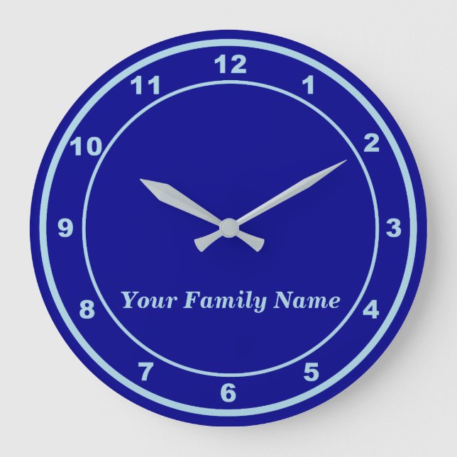 Reloj Redondo Grande Your Family Name on Blue Round Wall Clock (Anverso)
