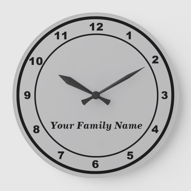 Reloj Redondo Grande Your Family Name on Gray Round Wall Clock (Anverso)