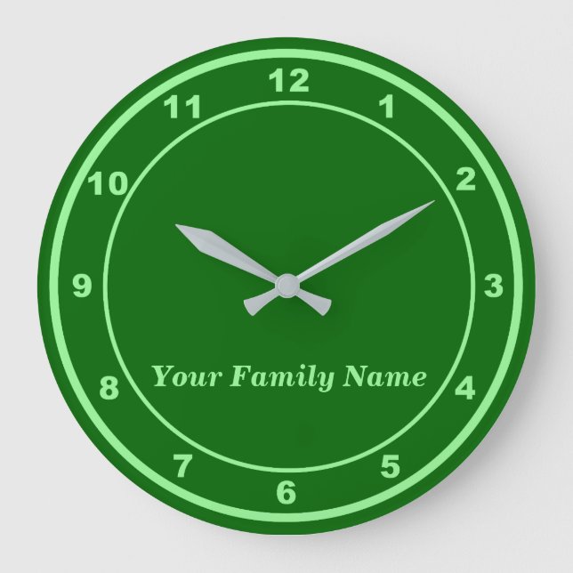 Reloj Redondo Grande Your Family Name on Green Round Wall Clock (Anverso)