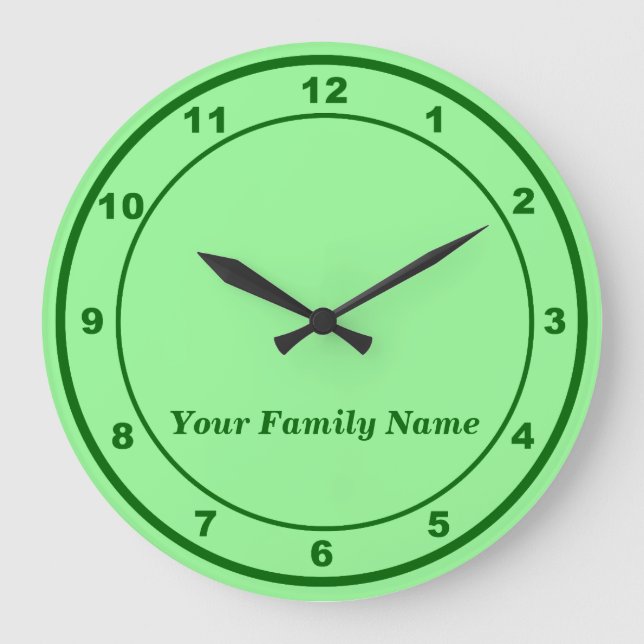 Reloj Redondo Grande Your Family Name on Light Green Round Wall Clock (Anverso)