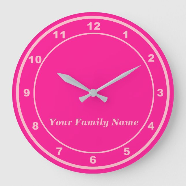 Reloj Redondo Grande Your Family Name on Pink Round Wall Clock (Anverso)