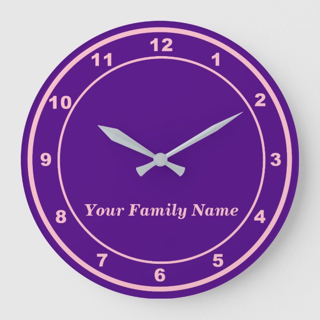 Reloj Redondo Grande Your Family Name on Purple Round Wall Clock (Anverso)