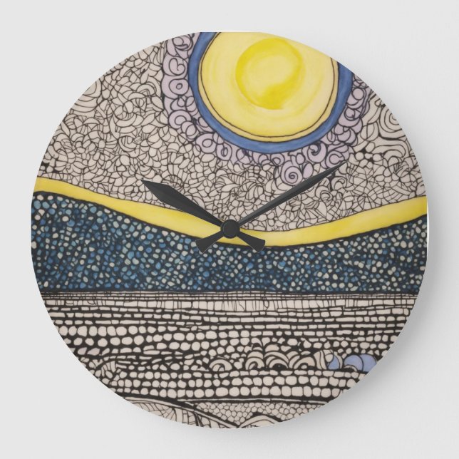 Reloj Redondo Grande zentángulos de boceto caótico solar y lunar (Anverso)