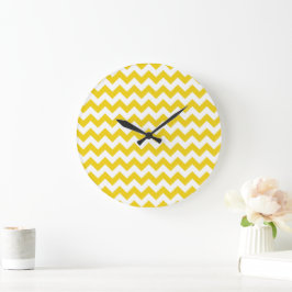 Reloj Redondo Grande Zigzag amarillo, chevron amarillo, patrón geométri