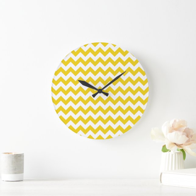 Reloj Redondo Grande Zigzag amarillo, chevron amarillo, patrón geométri (Hogar)