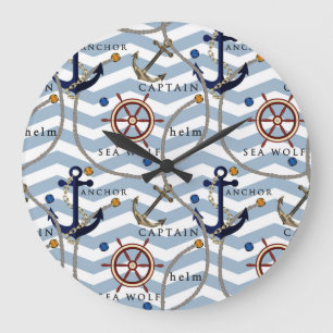 Reloj Redondo Grande Zigzag blanco azul de la raya del timón náutico