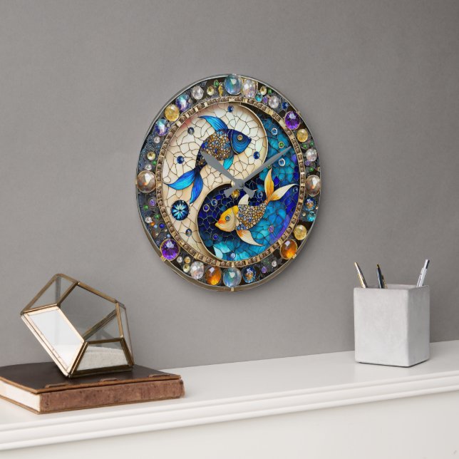 Reloj Redondo Grande Zodiac - Pisces Fish Yin y Yang (Oficina)
