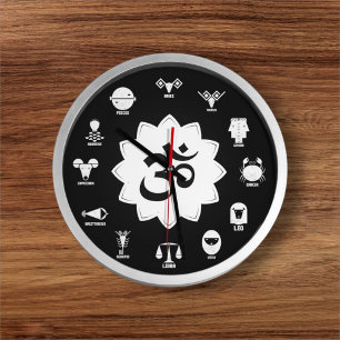 Reloj Redondo Grande Zodíaco Blanco y Negro - Signos Védicos con Símbol