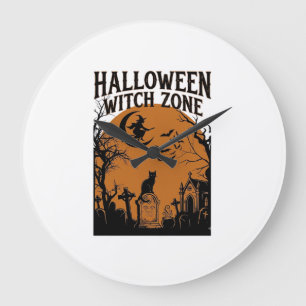 Reloj Redondo Grande Zona de Bruja de Halloween Cementerio de Gato Negr