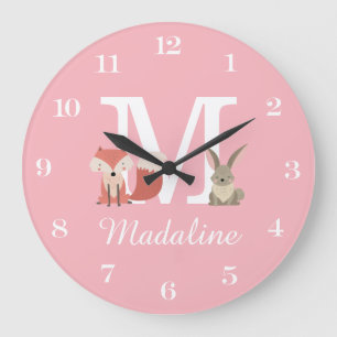 Reloj Redondo Grande Zorra y conejo bebé monograma rosa 