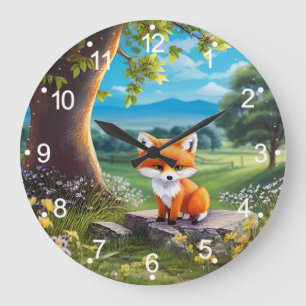 Reloj Redondo Grande Zorro Adorable Sentado Bajo Árbol