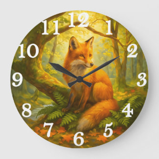 Reloj Redondo Grande Zorro alerta en bosque iluminado por el sol