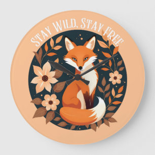 Reloj Redondo Grande Zorro Boho "Mantén Salvaje, Mantén Libre" Diseño B