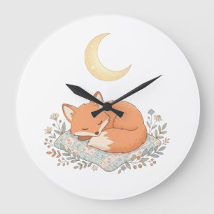 Reloj Redondo Grande Zorro Dormido en Colcha bajo Luna Creciente AI