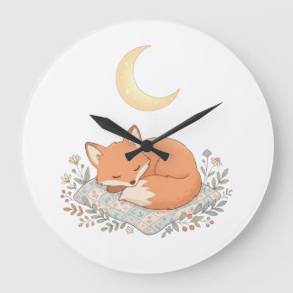 Reloj Redondo Grande Zorro Dormido en Colcha bajo Luna Creciente AI