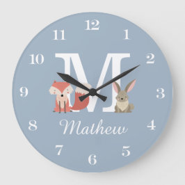 Reloj Redondo Grande Zorro Lindo Y Conejo Bebé Niño Monograma Azul