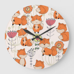 Reloj Redondo Grande zorro personalizado, flores: patrón vintage dibuja