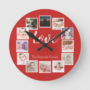 Reloj Redondo Mediano 12 Collage de fotos rojo personalizado