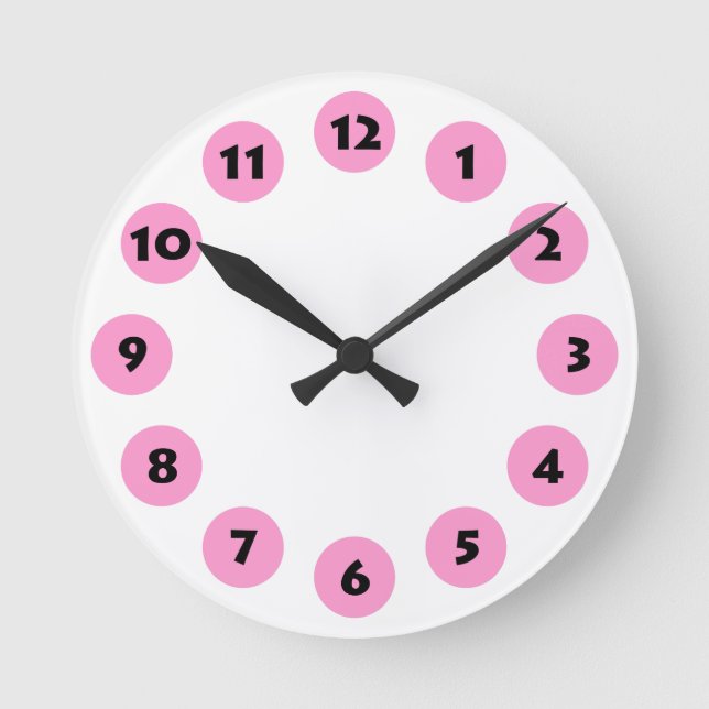 Reloj Redondo Mediano 12 puntos - Negro con rosado en blanco (Anverso)