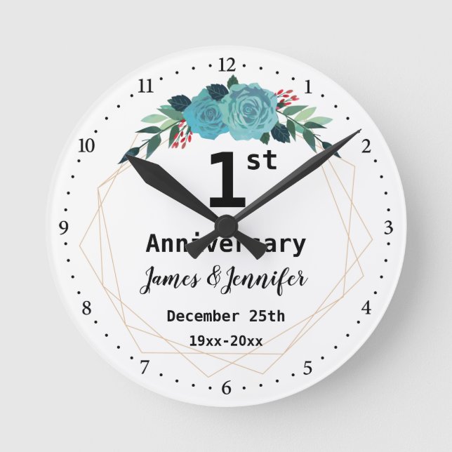 Reloj Redondo Mediano 1.ᵉʳ Aniversario Boda Nombres y año personalizados (Anverso)