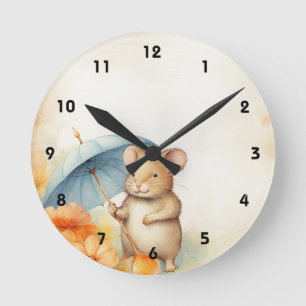 Reloj Redondo Mediano 1 Ratón con paraguas azul flores naranjas rosadas