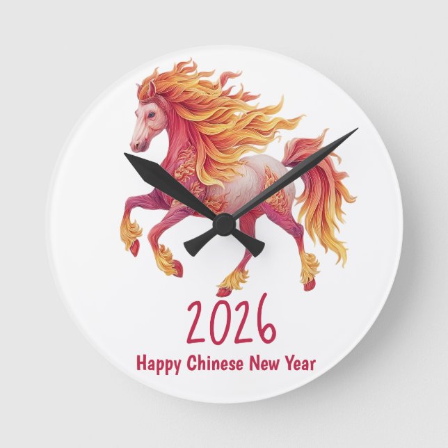 Reloj Redondo Mediano 2026 Fiery Horse – Happy Chinese New Year (Anverso)