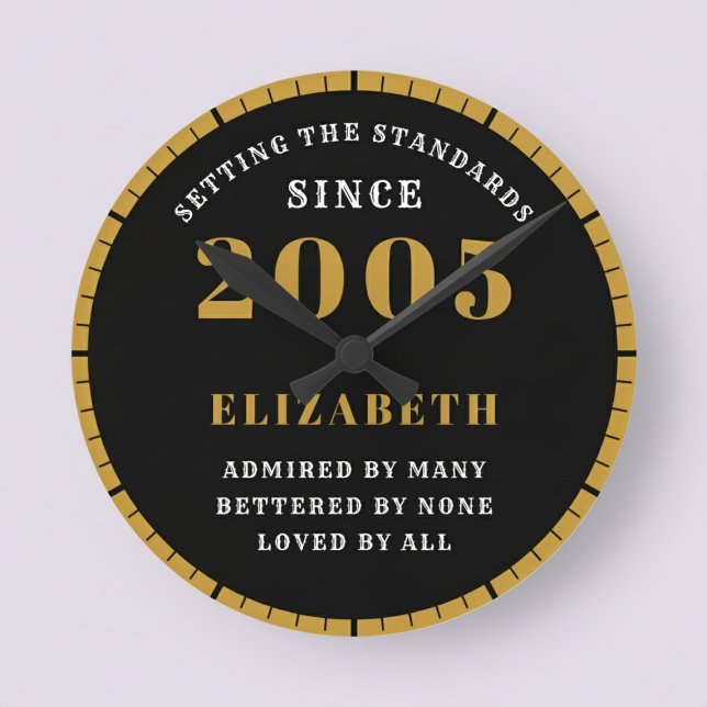 Reloj Redondo Mediano 21st Birthday Born 2005 Black Gold (Born 2005 standards birthday clock. Pastel background.)