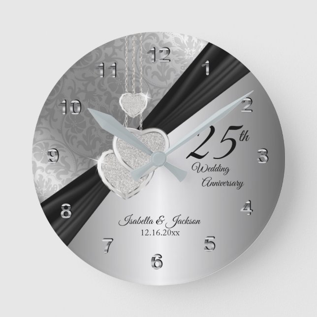 Reloj Redondo Mediano 25° Aniversario del Boda de Plata Keepsake Diseño (Anverso)