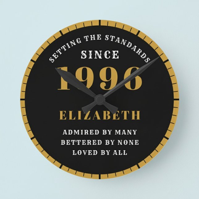 Reloj Redondo Mediano 30th Birthday Born 1996 Black Gold (Born 1996 standards birthday clock. Pastel background.)