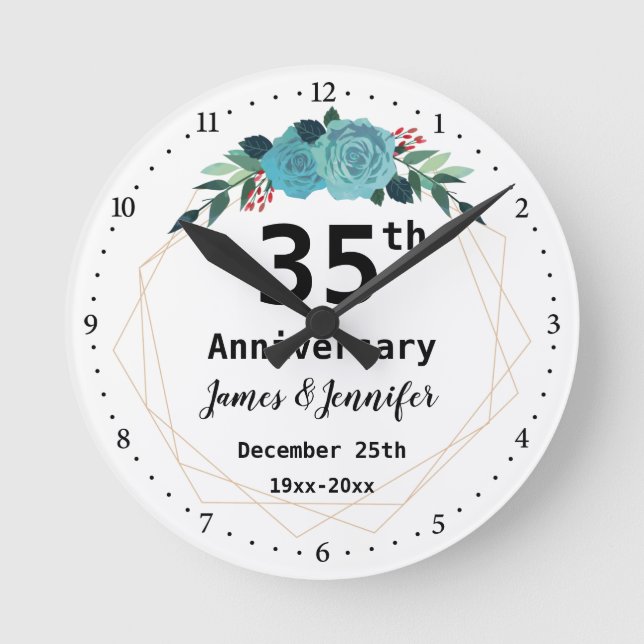 Reloj Redondo Mediano 35º aniversario Boda Nombres y año personalizados (Anverso)