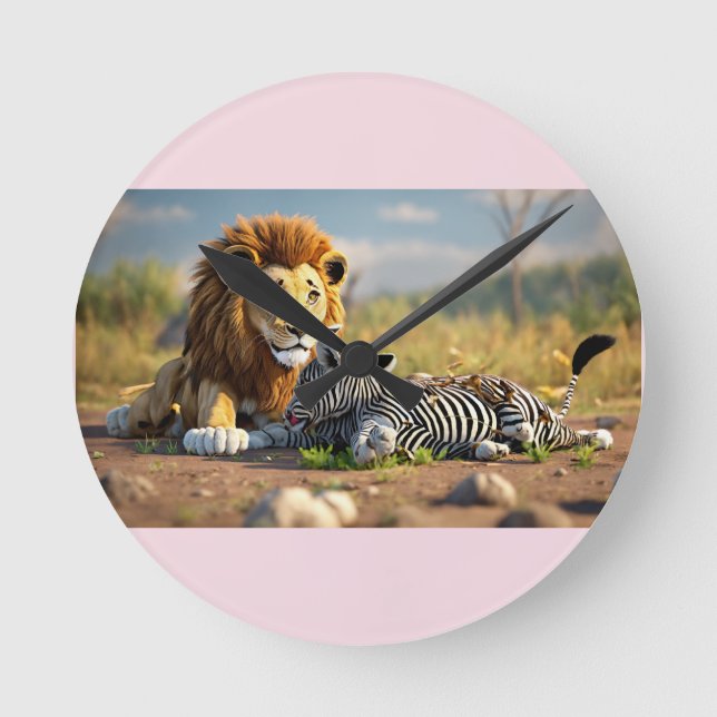 Reloj Redondo Mediano 3D Cartoon Lion Eating Zebra – Wild Savannah Scene (Anverso)
