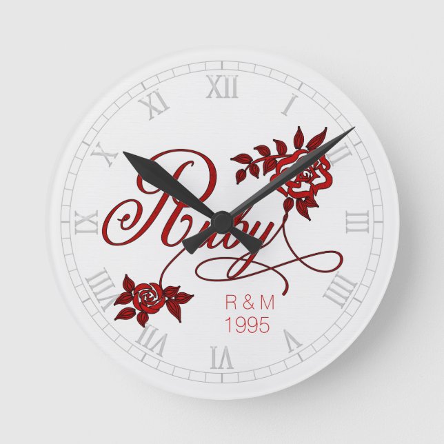 Reloj Redondo Mediano 40º Aniversario de Rubí con Fecha y Iniciales (Anverso)