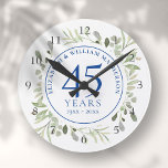 Reloj Redondo Mediano 45.º 65° Aniversario Boda de la vegetación<br><div class="desc">Con delicadas hojas de acuarela suave,  este diseño de moda botánico de boda de zafiro puede ser personalizado con su información especial de aniversario en un texto elegante. Diseñado por Thisisnotme©</div>