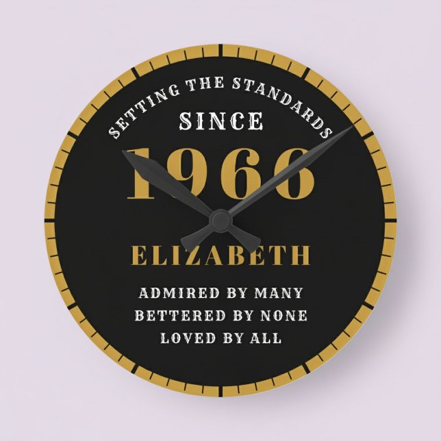 Reloj Redondo Mediano 60th Birthday Born 1966 Black Gold (Born 1966 standards birthday clock. Pastel background.)