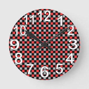Reloj Redondo Mediano A cuadros blanco y rojo negro