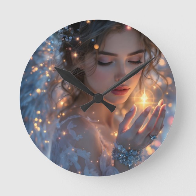 Reloj Redondo Mediano Abandonador de luz celeste - Angel sostiene la est (Anverso)