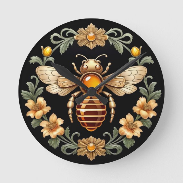 Reloj Redondo Mediano Abeja Art Nouveau sobre negro (Anverso)