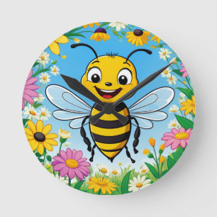 Reloj Redondo Mediano Abeja de Dibujos Animados Flores Coloridas 