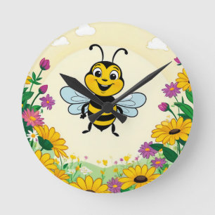 Reloj Redondo Mediano Abeja Feliz En Flores Coloridas