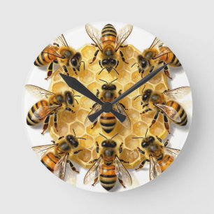 Reloj Redondo Mediano Abejas en Círculo de Panal Hexagonal