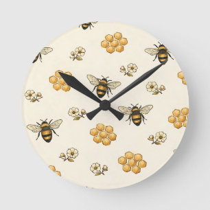 Reloj Redondo Mediano Abejas Melíferas y Patrón Continuo de Panal
