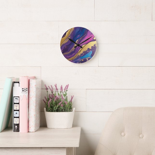 Reloj Redondo Mediano Abstract-Flow Art-Blue Pink Purple and Gold (Sala de lectura)