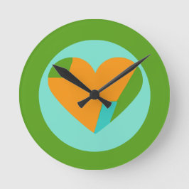 Reloj Redondo Mediano Abstract Heart Green Teal Orange Circle