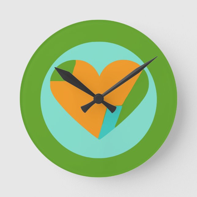 Reloj Redondo Mediano Abstract Heart Green Teal Orange Circle (Anverso)