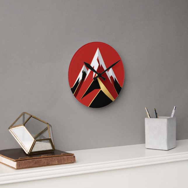 Reloj Redondo Mediano Abstract Mountain Range Red Black Gold (Oficina)