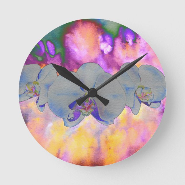 Reloj Redondo Mediano Abstracto acuarela orquídeas florales tropicales (Anverso)