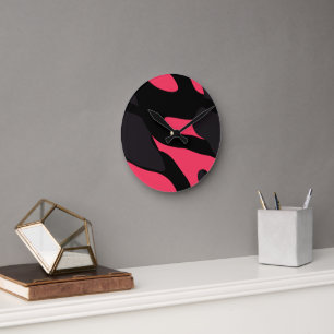 Reloj Redondo Mediano Abstracto de camuflaje rosa caliente, gris y negro